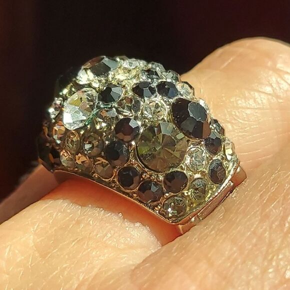 Vintage Black, Grey, White/Clear Rhinestone Statement Ring - Adjustable Band - Picture 5 of 12